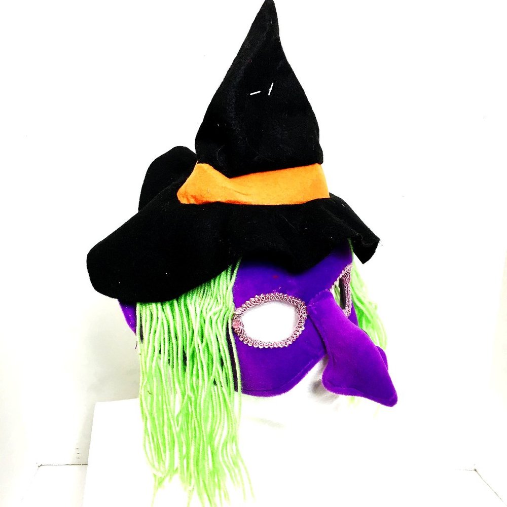 Purple Witch face Green Hair blk orange hat on head band NWT NOS